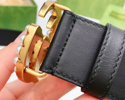 Black Leather Gucci belt Pearl Gold-toned Double G buckle for Women